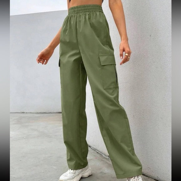 Pants - Green High Waist Side Flap Pocket Cargo Pants wide leg